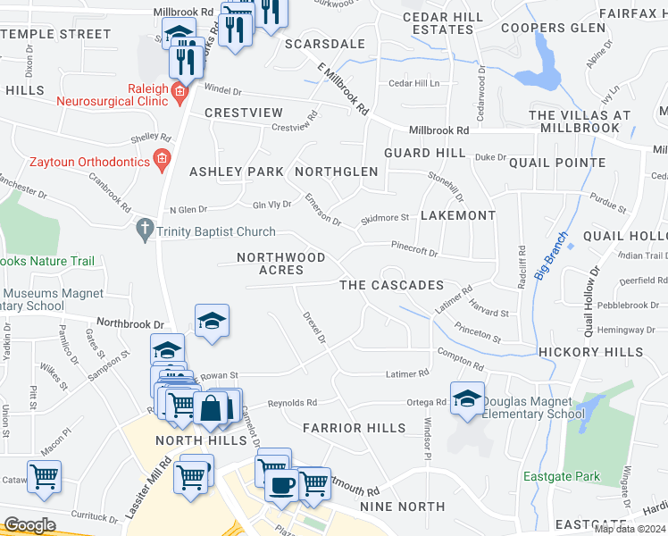 map of restaurants, bars, coffee shops, grocery stores, and more near 4921 Lakemont Drive in Raleigh