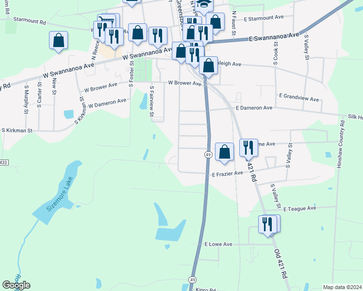map of restaurants, bars, coffee shops, grocery stores, and more near 441 South Asheboro Street in Liberty