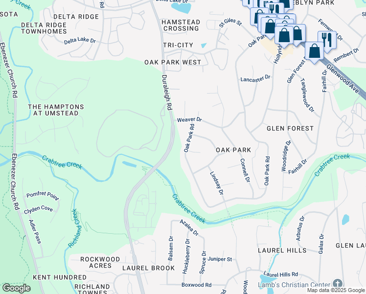 map of restaurants, bars, coffee shops, grocery stores, and more near 3804 Oak Park Road in Raleigh