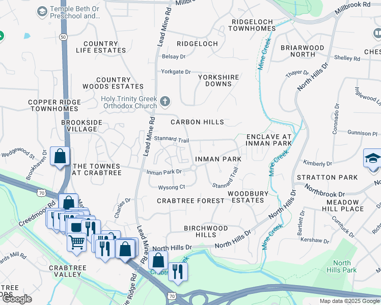 map of restaurants, bars, coffee shops, grocery stores, and more near Litchfield Downs Lane in Raleigh