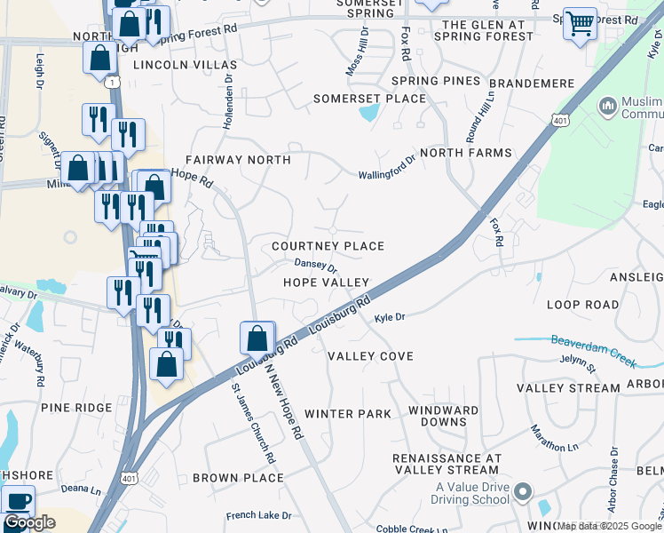 map of restaurants, bars, coffee shops, grocery stores, and more near 4724 Courtney Lane in Raleigh