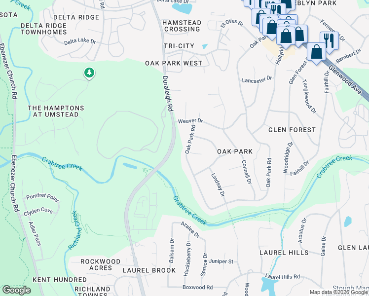 map of restaurants, bars, coffee shops, grocery stores, and more near 3804 Oak Park Road in Raleigh