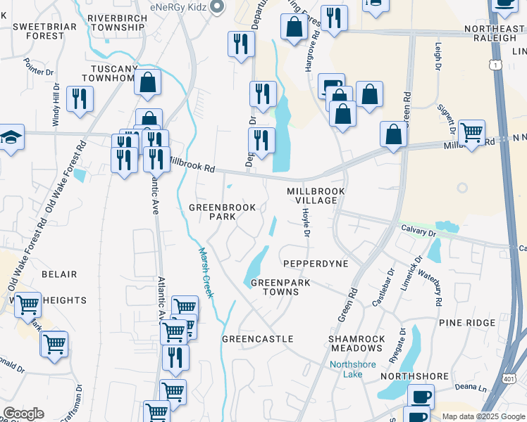 map of restaurants, bars, coffee shops, grocery stores, and more near 4752 Walden Pond Drive in Raleigh