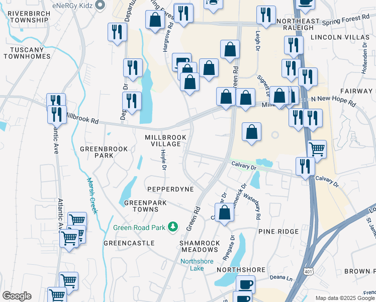 map of restaurants, bars, coffee shops, grocery stores, and more near 2671 Calvary Drive in Raleigh