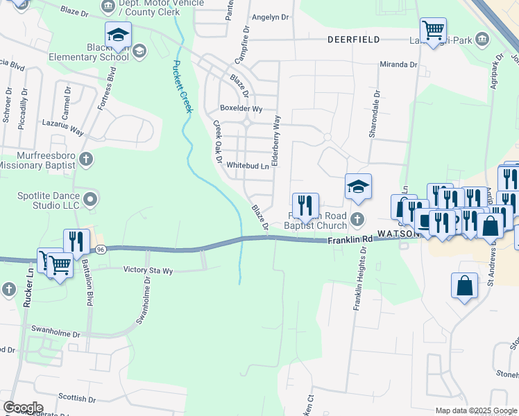 map of restaurants, bars, coffee shops, grocery stores, and more near 3254 Blaze Drive in Murfreesboro