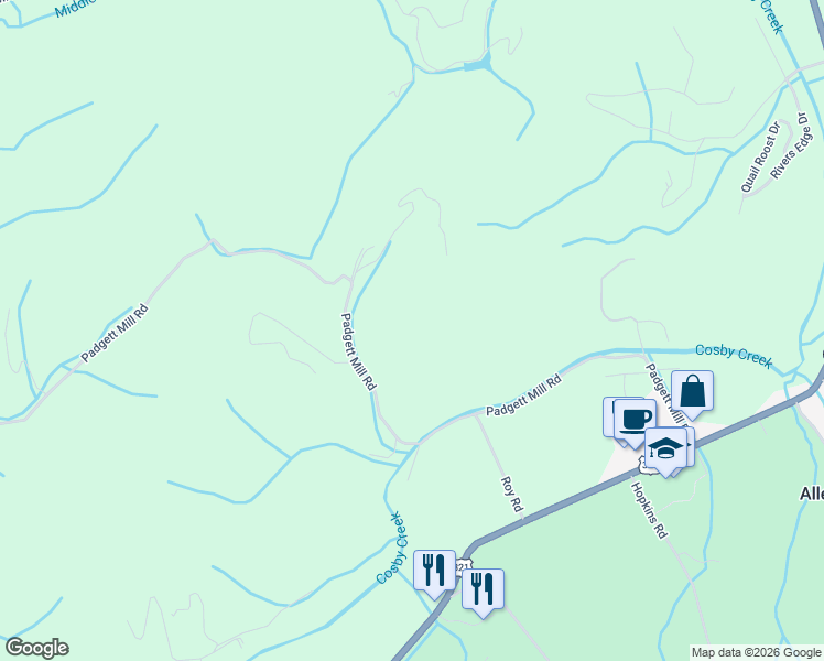 map of restaurants, bars, coffee shops, grocery stores, and more near 332 Padgett Mill Road in Cosby