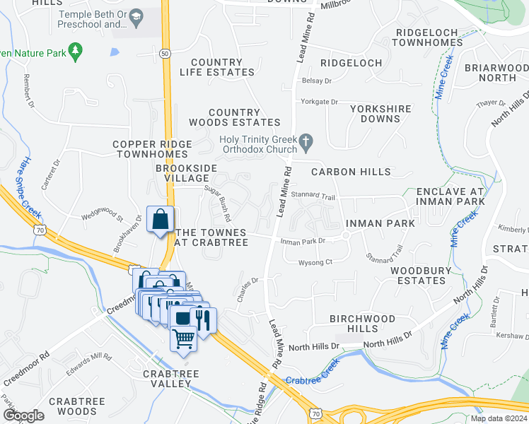 map of restaurants, bars, coffee shops, grocery stores, and more near 4801 Smith Creek Parkway in Raleigh