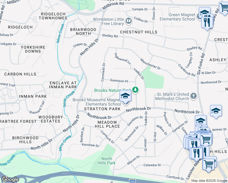 map of restaurants, bars, coffee shops, grocery stores, and more near 1104 Kimberly Drive in Raleigh