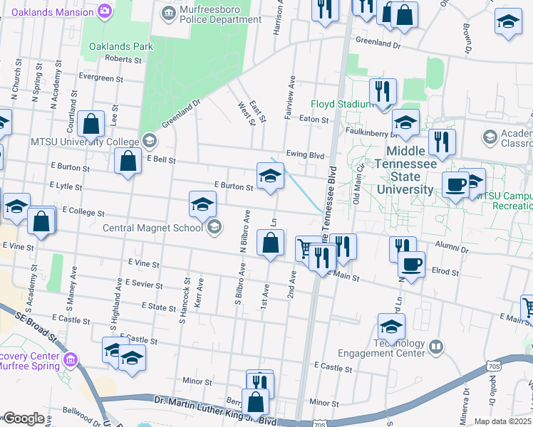map of restaurants, bars, coffee shops, grocery stores, and more near 903 East Lytle Street in Murfreesboro