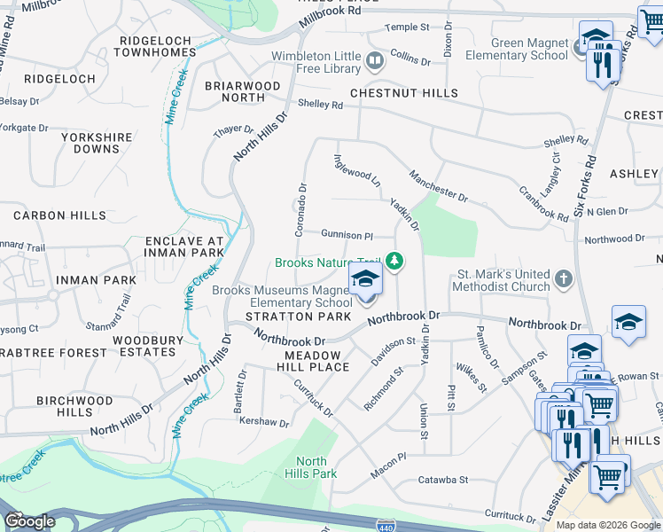 map of restaurants, bars, coffee shops, grocery stores, and more near 1104 Kimberly Drive in Raleigh