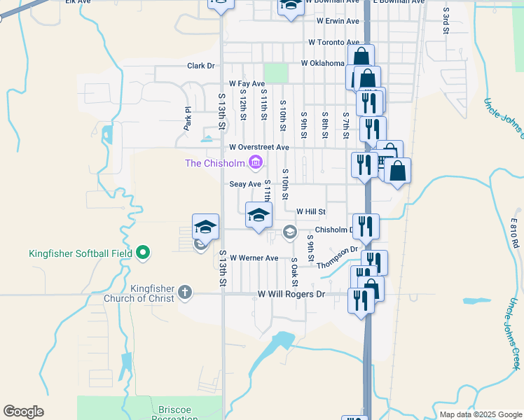 map of restaurants, bars, coffee shops, grocery stores, and more near 1303 South 12th Street in Kingfisher