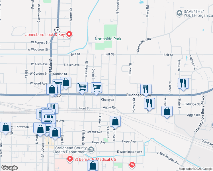 map of restaurants, bars, coffee shops, grocery stores, and more near 309 North Allis Street in Jonesboro