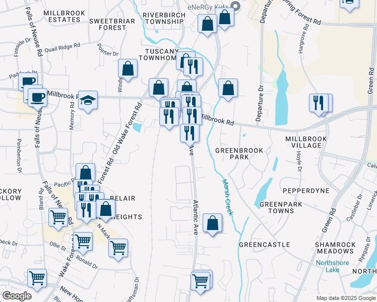 map of restaurants, bars, coffee shops, grocery stores, and more near 4621 Atlantic Ave in Raleigh