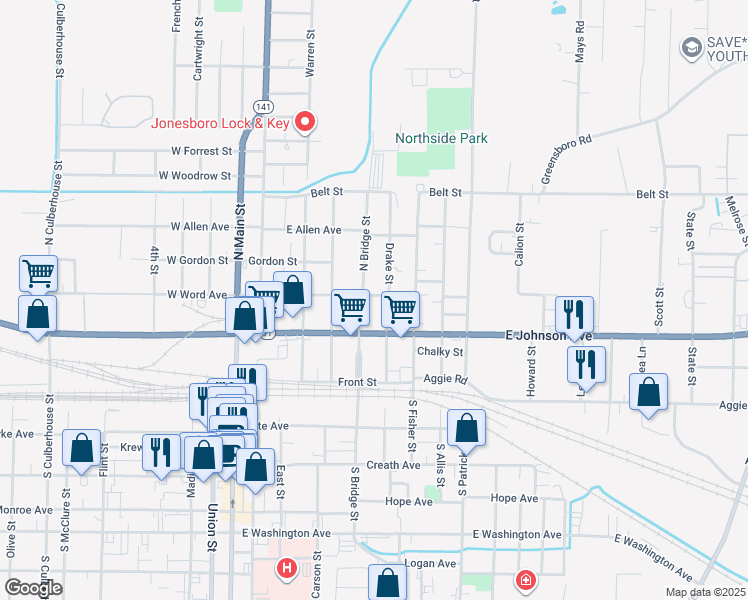 map of restaurants, bars, coffee shops, grocery stores, and more near 600 East Word Avenue in Jonesboro