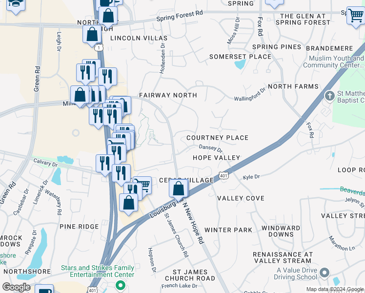 map of restaurants, bars, coffee shops, grocery stores, and more near 4720 Dansey Drive in Raleigh