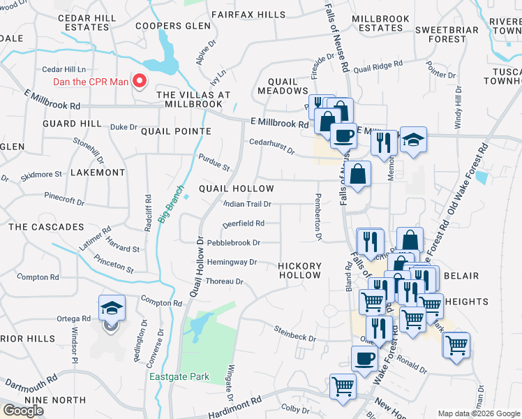 map of restaurants, bars, coffee shops, grocery stores, and more near 1017 Indian Trail Drive in Raleigh