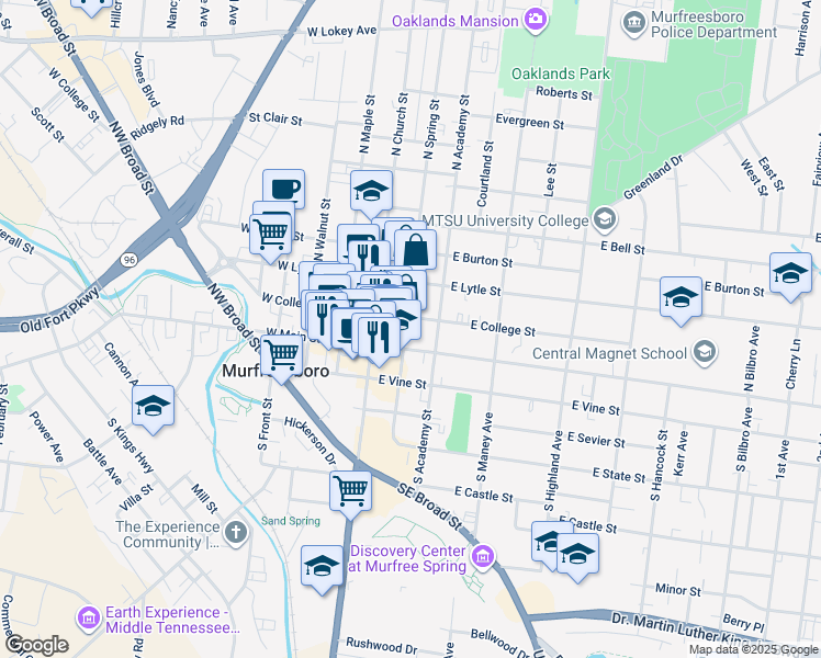 map of restaurants, bars, coffee shops, grocery stores, and more near 118 North Spring Street in Murfreesboro