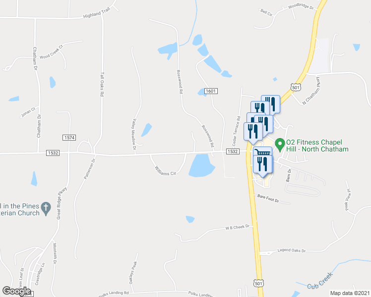 map of restaurants, bars, coffee shops, grocery stores, and more near 4883 Manns Chapel Rd in Chapel Hill