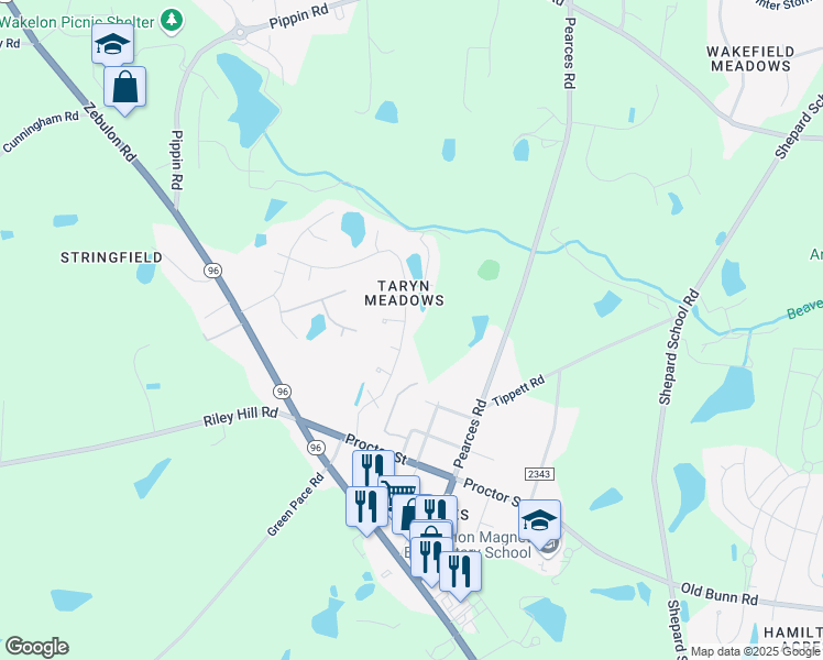 map of restaurants, bars, coffee shops, grocery stores, and more near 4016 Watsonia Drive in Zebulon