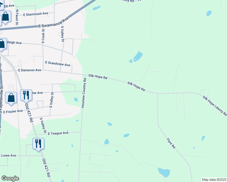 map of restaurants, bars, coffee shops, grocery stores, and more near 7322 Silk Hope Road in Liberty