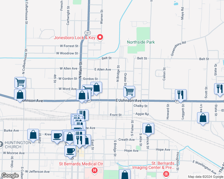 map of restaurants, bars, coffee shops, grocery stores, and more near 310 Miller Street in Jonesboro