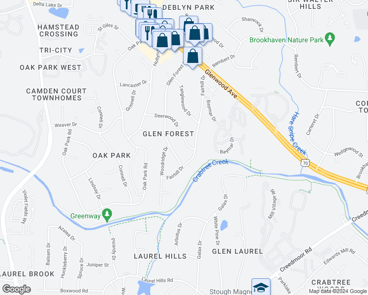 map of restaurants, bars, coffee shops, grocery stores, and more near 4709 Deerwood Drive in Raleigh
