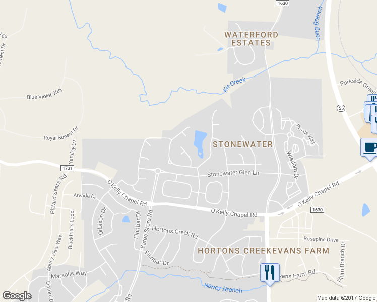 map of restaurants, bars, coffee shops, grocery stores, and more near 224 Clear River Place in Cary