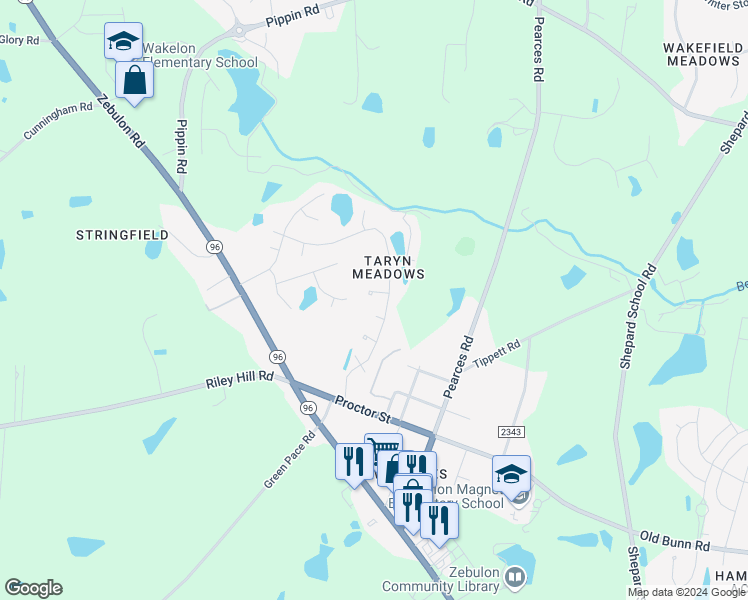 map of restaurants, bars, coffee shops, grocery stores, and more near 5015 Gailardia Drive in Zebulon