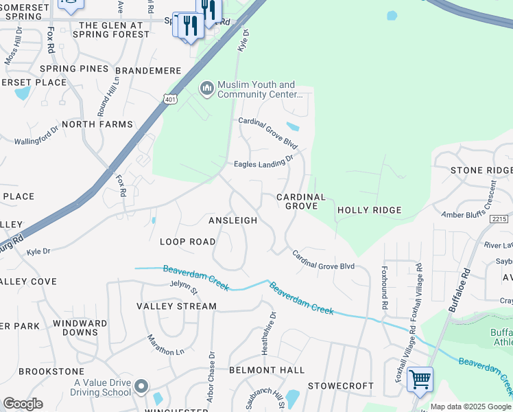 map of restaurants, bars, coffee shops, grocery stores, and more near 5219 Kassia Lane in Raleigh