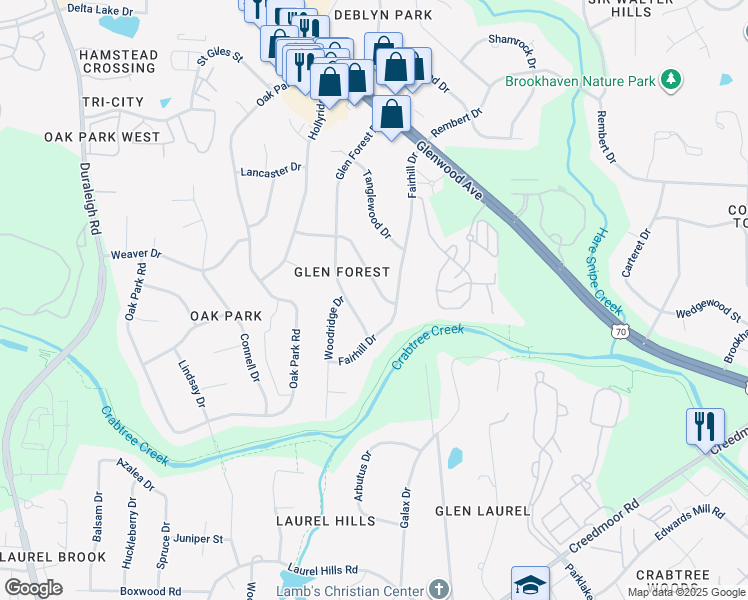 map of restaurants, bars, coffee shops, grocery stores, and more near 4709 Deerwood Drive in Raleigh