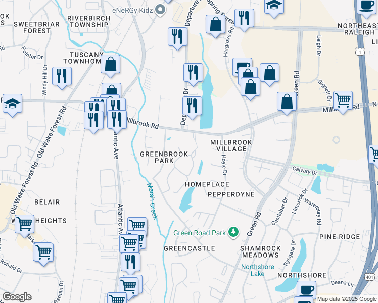map of restaurants, bars, coffee shops, grocery stores, and more near 4702 Walden Pond Drive in Raleigh