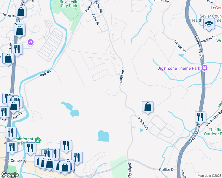 map of restaurants, bars, coffee shops, grocery stores, and more near 100 Mary Lee Way in Sevierville