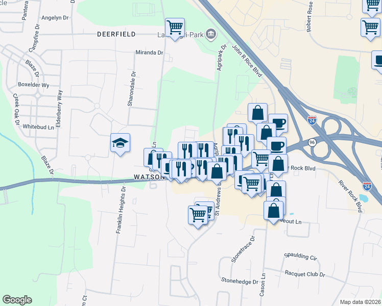 map of restaurants, bars, coffee shops, grocery stores, and more near 2806 Phelps Way in Murfreesboro