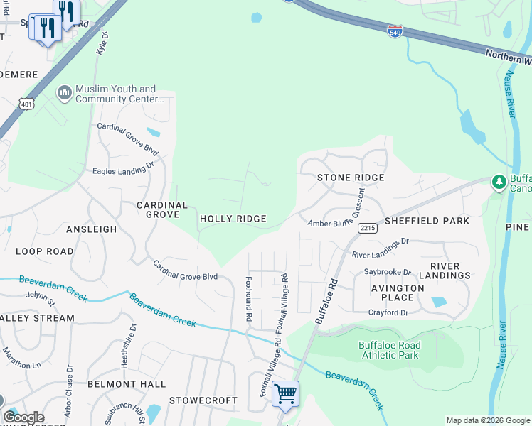 map of restaurants, bars, coffee shops, grocery stores, and more near 5101 Holly Ridge Farm Road in Raleigh