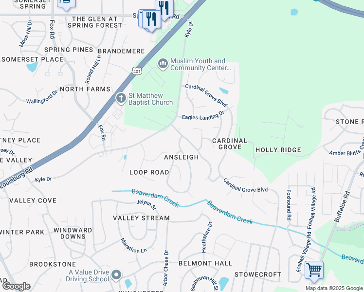 map of restaurants, bars, coffee shops, grocery stores, and more near 5108 Silverdene Street in Raleigh