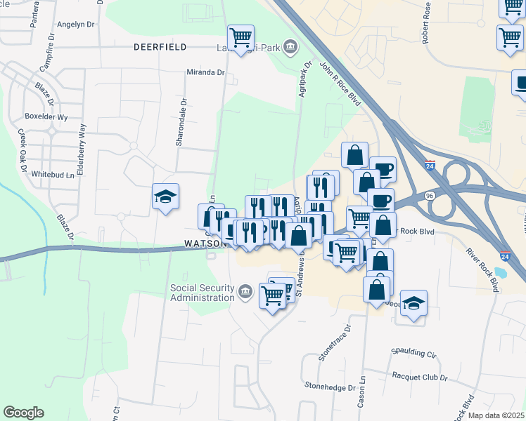 map of restaurants, bars, coffee shops, grocery stores, and more near 216 Cass Drive in Murfreesboro