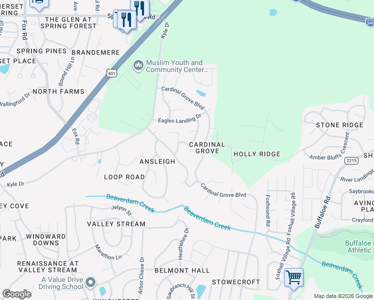 map of restaurants, bars, coffee shops, grocery stores, and more near 5219 Kassia Lane in Raleigh