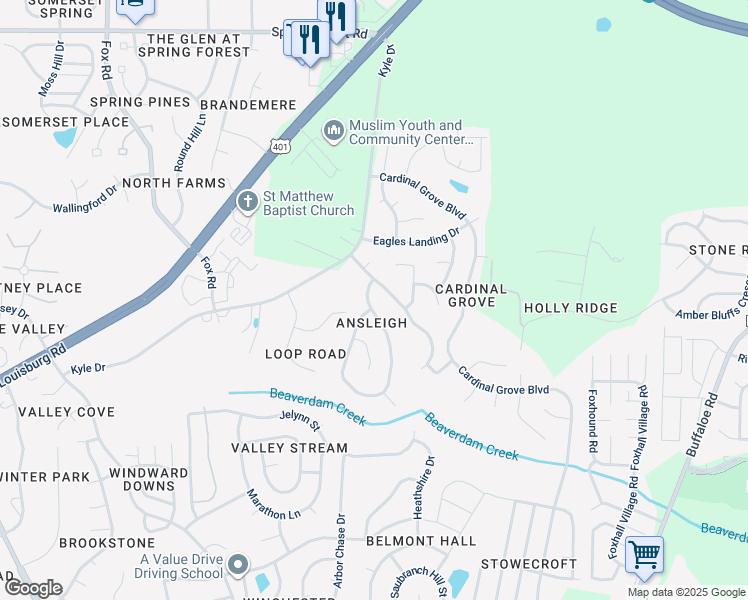 map of restaurants, bars, coffee shops, grocery stores, and more near 5108 Silverdene Street in Raleigh