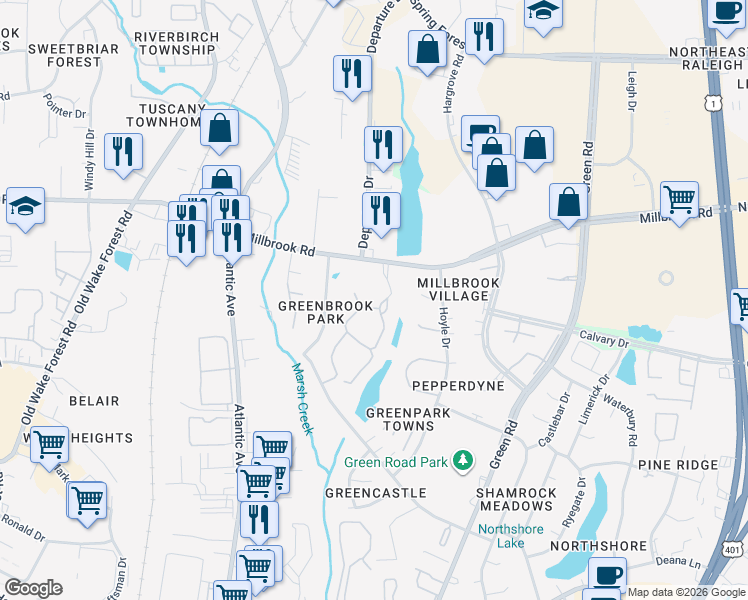 map of restaurants, bars, coffee shops, grocery stores, and more near 4702 Walden Pond Drive in Raleigh