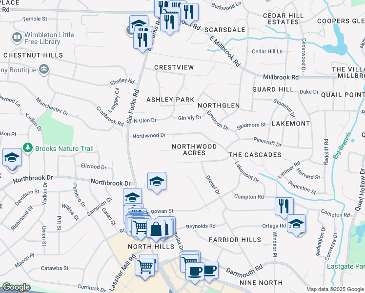 map of restaurants, bars, coffee shops, grocery stores, and more near 304 Northfield Drive in Raleigh