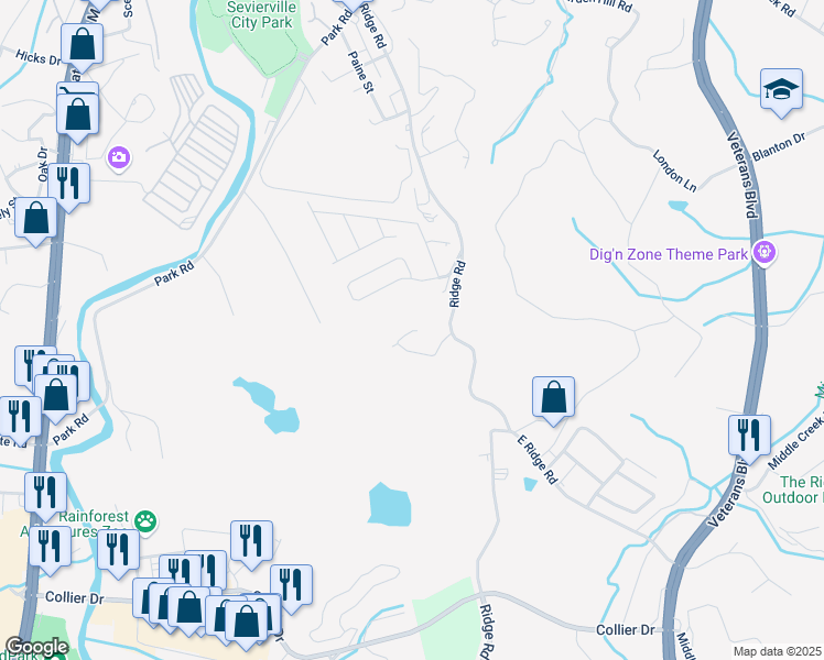 map of restaurants, bars, coffee shops, grocery stores, and more near 100 Mary Lee Way in Sevierville