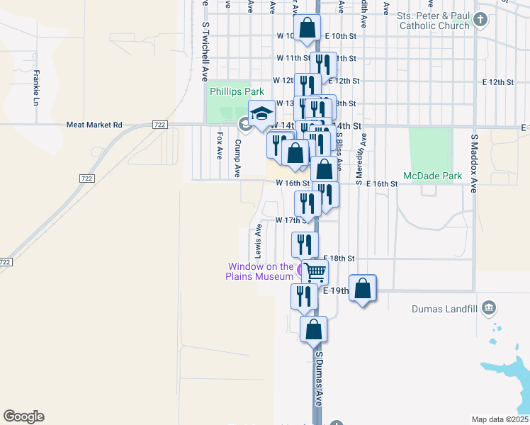 map of restaurants, bars, coffee shops, grocery stores, and more near 300 West 17th Street in Dumas
