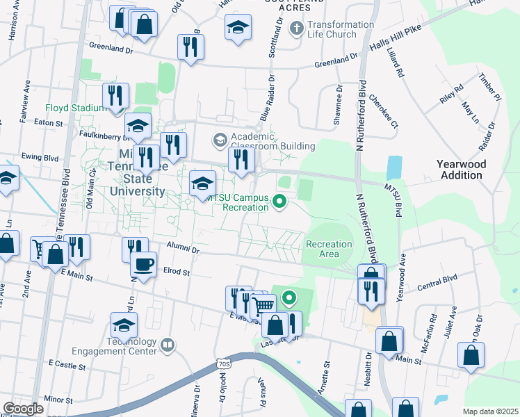 map of restaurants, bars, coffee shops, grocery stores, and more near 1301 East Main Street in Murfreesboro