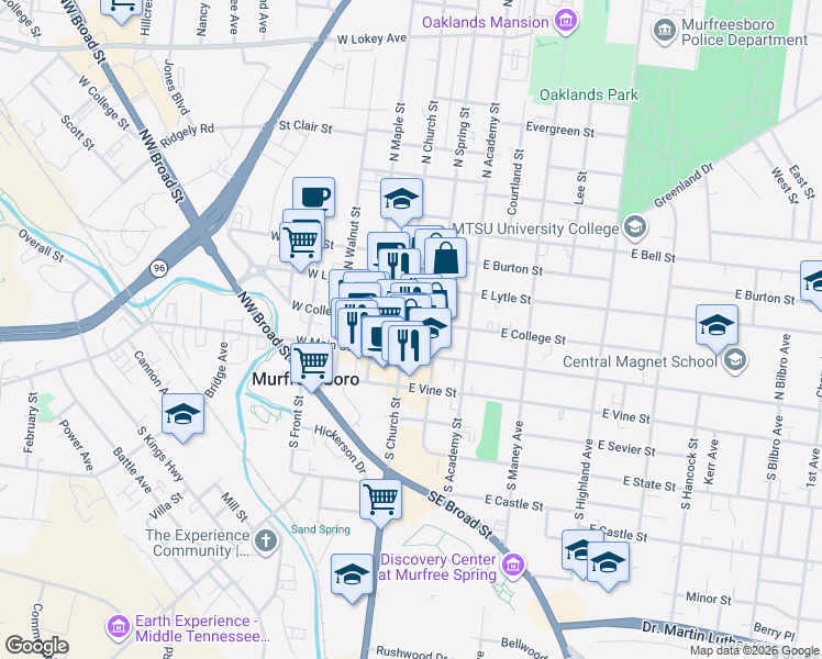 map of restaurants, bars, coffee shops, grocery stores, and more near 200 North Church Street in Murfreesboro