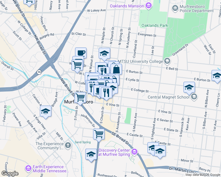 map of restaurants, bars, coffee shops, grocery stores, and more near 200 North Church Street in Murfreesboro