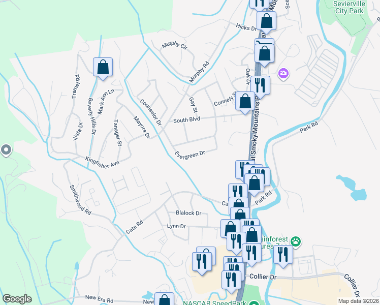 map of restaurants, bars, coffee shops, grocery stores, and more near 223 Evergreen Drive in Sevierville