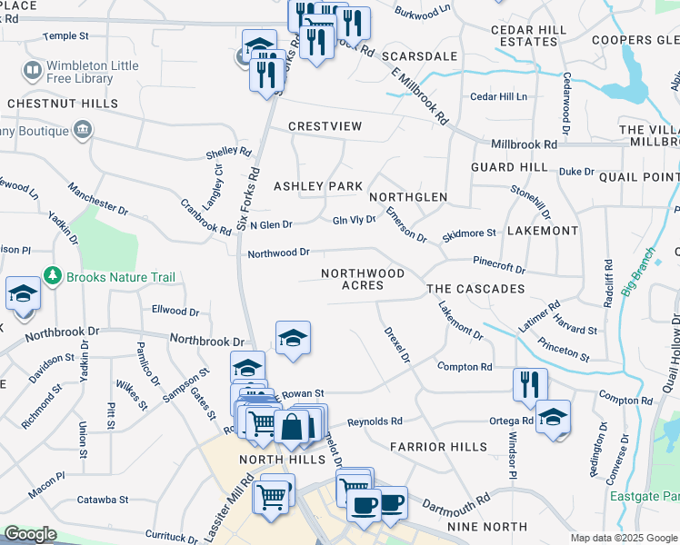 map of restaurants, bars, coffee shops, grocery stores, and more near 304 Northfield Drive in Raleigh