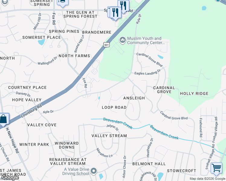 map of restaurants, bars, coffee shops, grocery stores, and more near 5020 Kyle Drive in Raleigh
