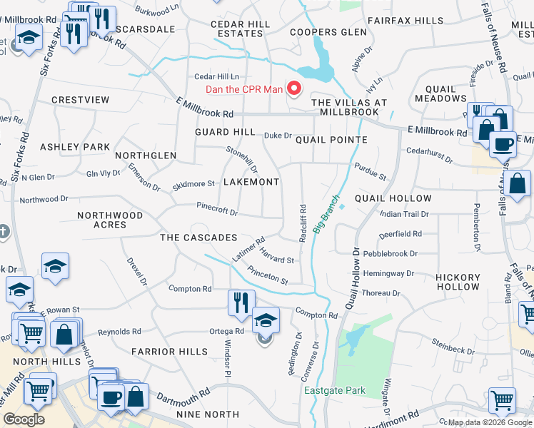 map of restaurants, bars, coffee shops, grocery stores, and more near 4809 Latimer Road in Raleigh