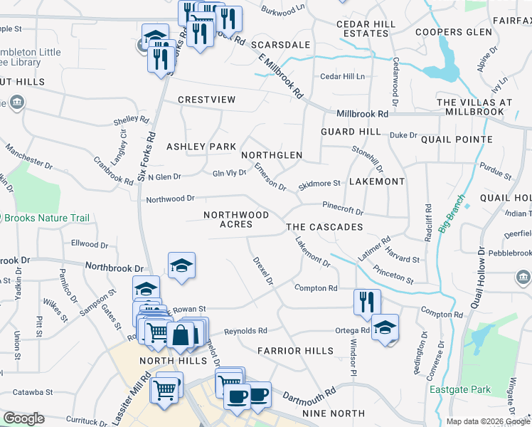map of restaurants, bars, coffee shops, grocery stores, and more near 5013 Lakemont Drive in Raleigh